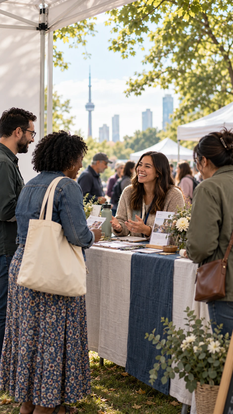 A host talking with guests at an association booth