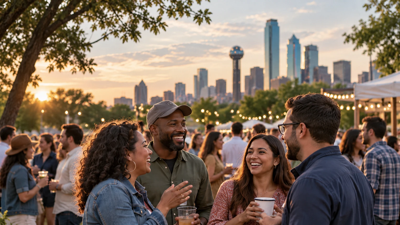 Guests talking at sunset with the Dallas skyline behind them