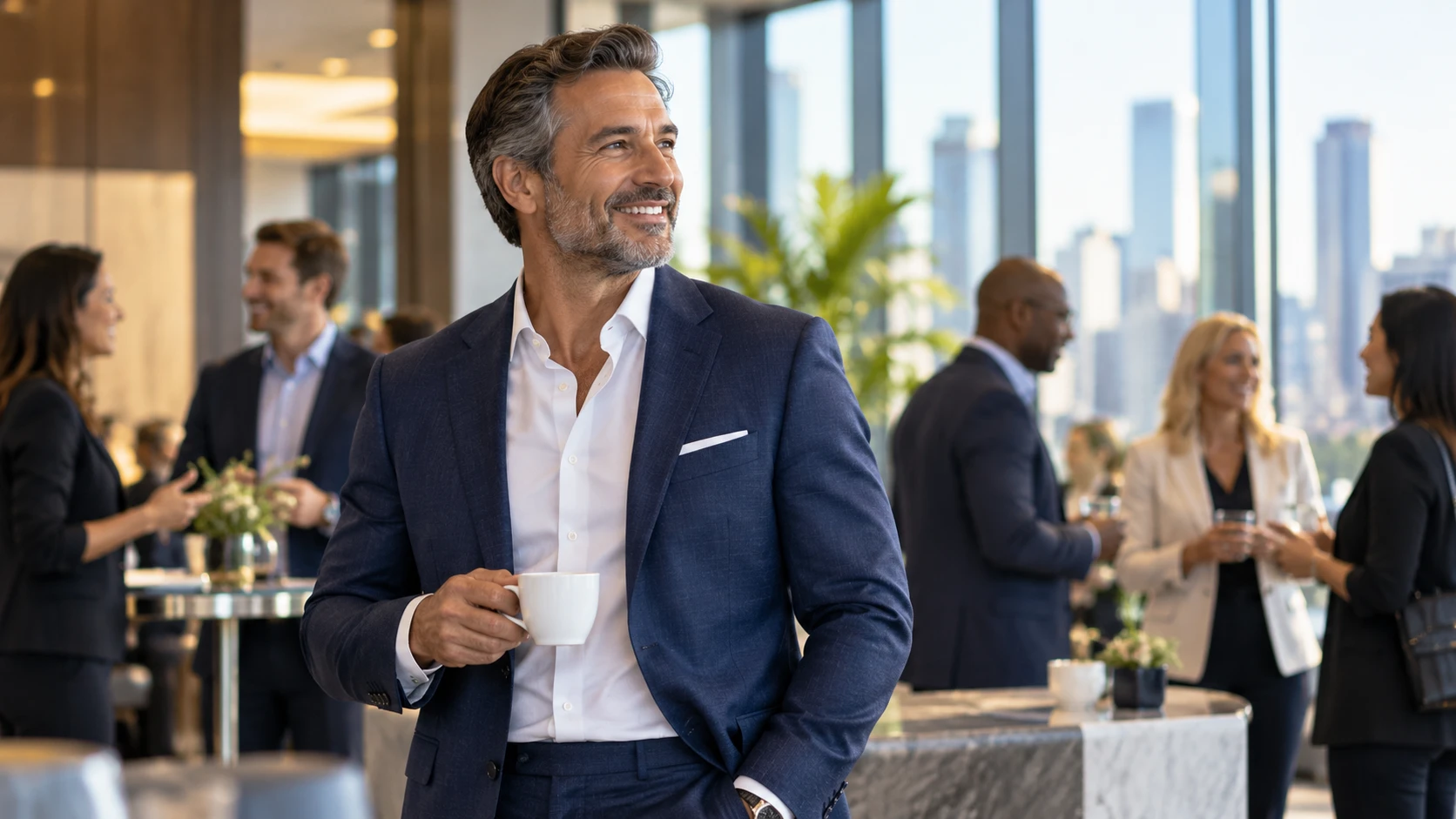 A business owner smiling at a networking reception