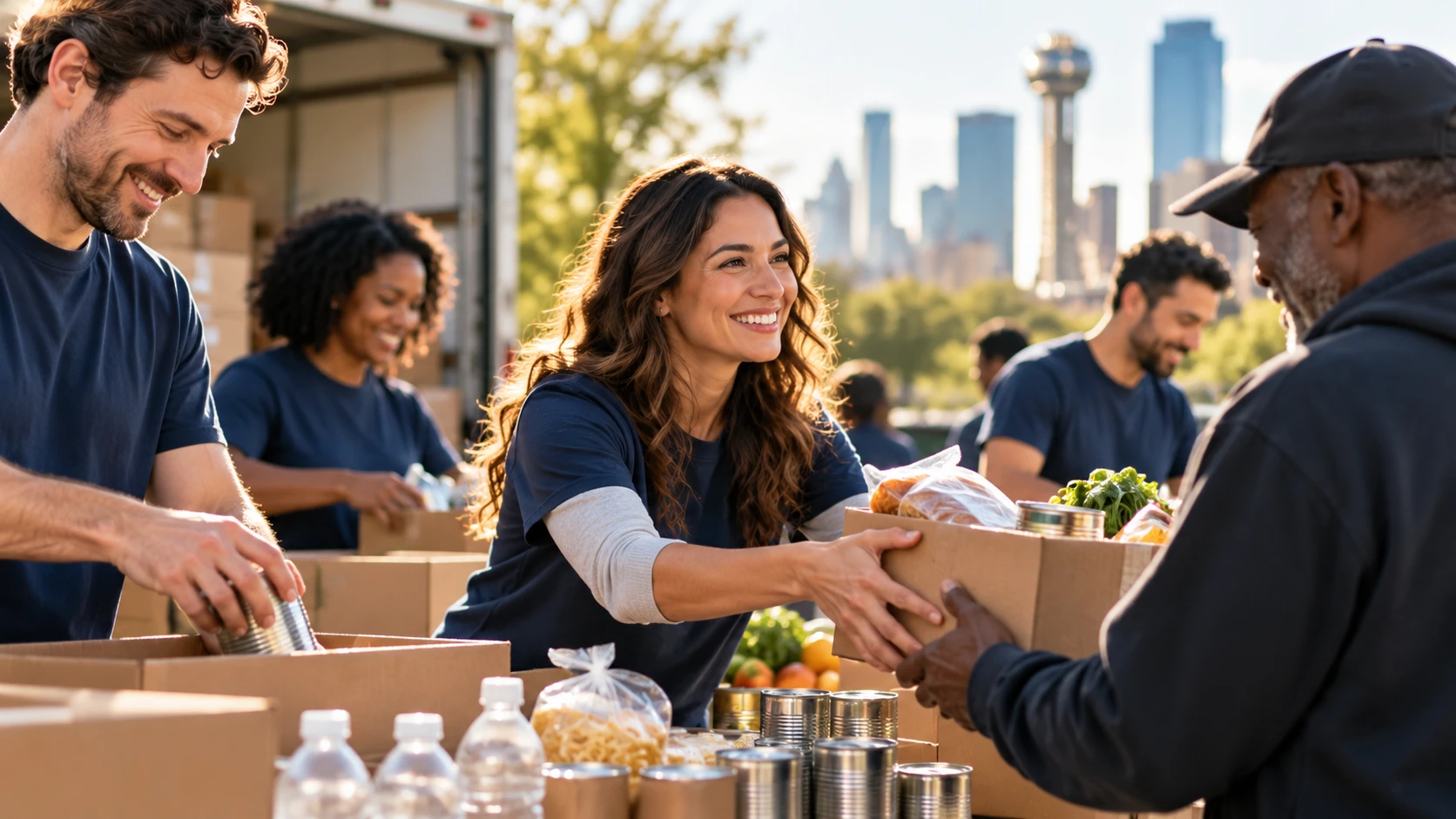 Volunteers handing out food boxes at a community food drive