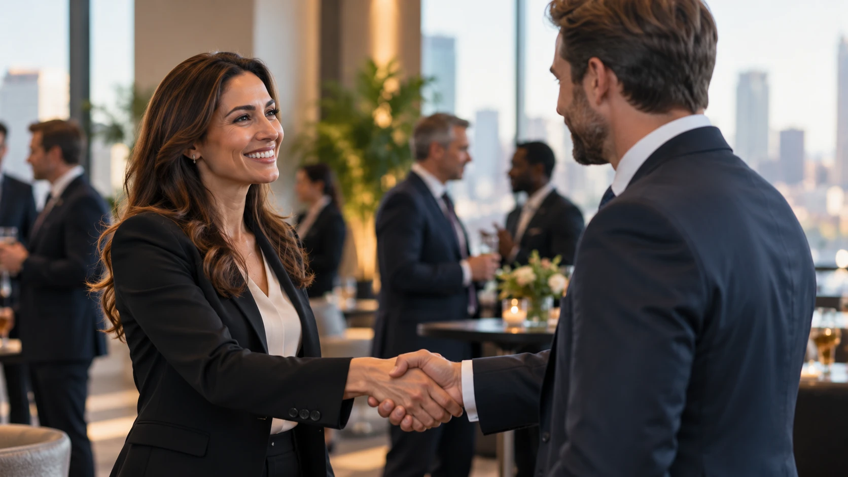Two professionals shake hands at an evening networking reception