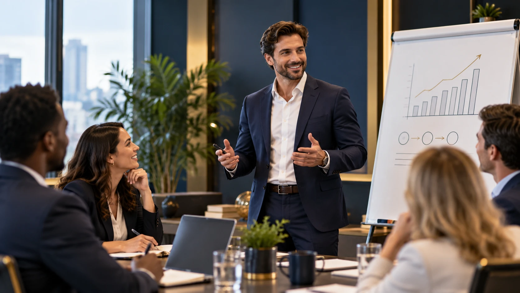 A speaker presents to a team in front of a flipchart