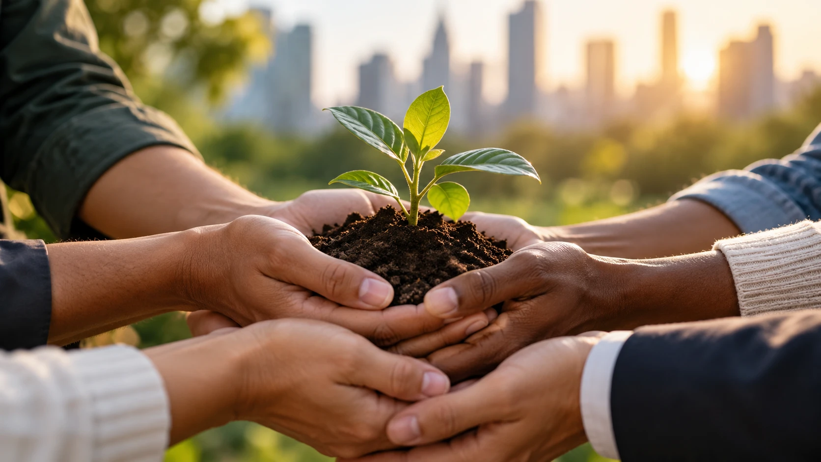 Hands together holding a seedling in soil