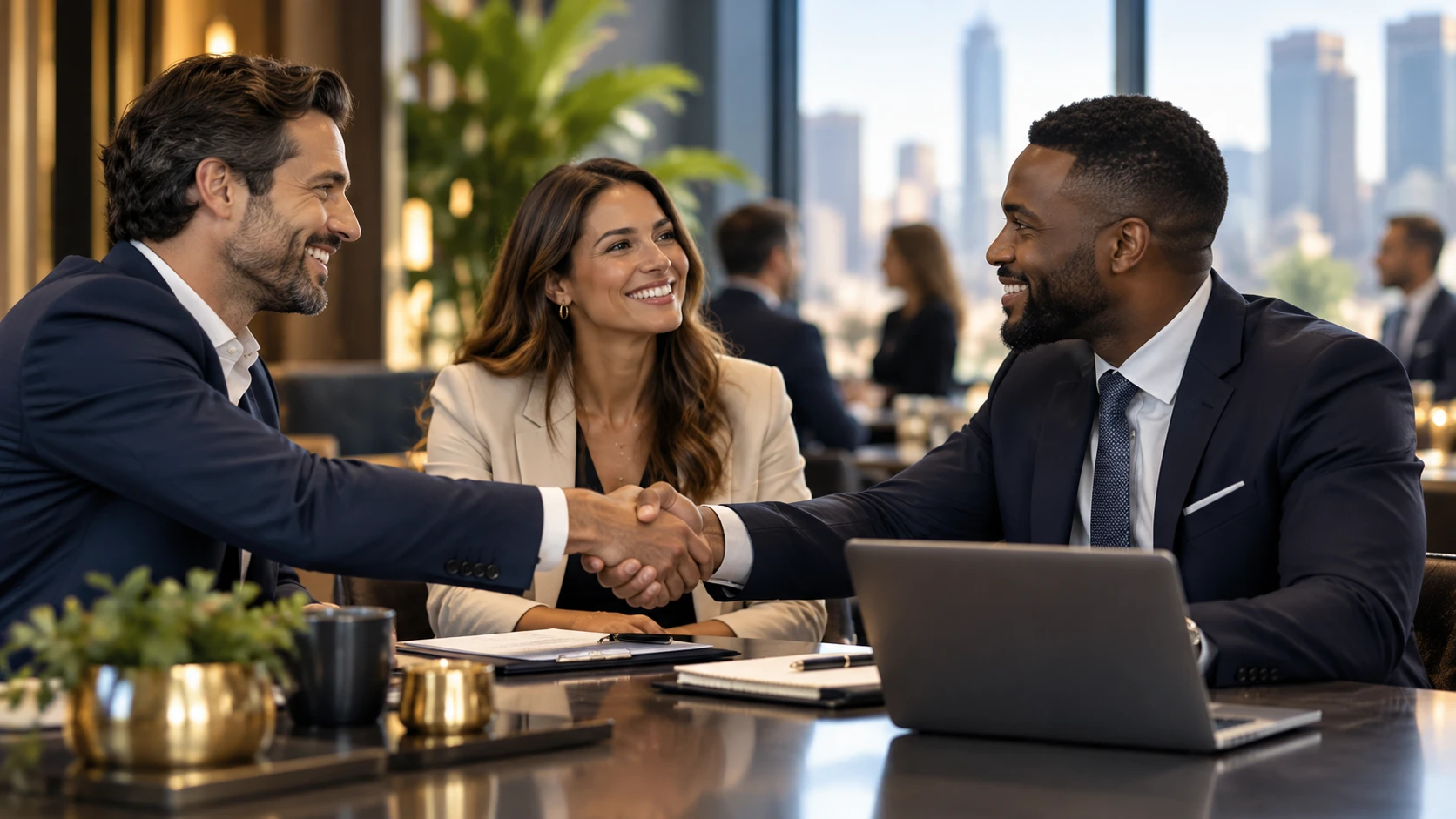 Business partners shake hands across a table