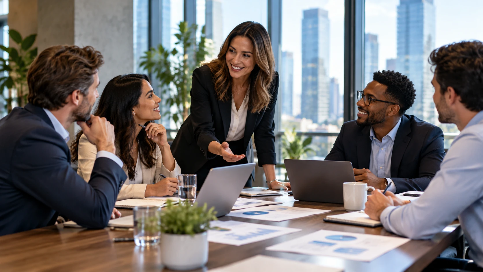 A sales team meeting around a conference table